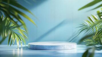 Modern Display Platform Surrounded by Lush Greenery on a Blue Background photo