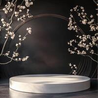 Elegant Circular Stage Surrounded by Cherry Blossom Branches Against a Dark Background photo