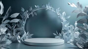Elegant Display Stand Surrounded by Lush Silver Leaves and a Soft Blue Background photo