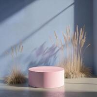 Stylish pink platform with dried grass against a serene blue backdrop photo