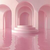 Serene Minimalist Scene with Pink Arches and Reflective Water Surface photo