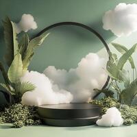Stylish Green Stage with Lush Foliage and Soft Clouds for Presentations photo