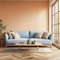 Cozy Living Room with Light Blue Sofa and Natural Wood Elements photo