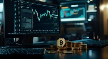 Cryptocurrency trading setup with digital coins photo