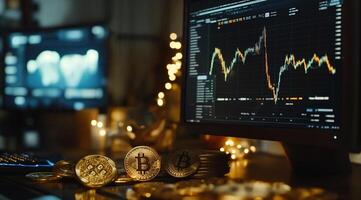 Bitcoin coins and trading screen on table photo