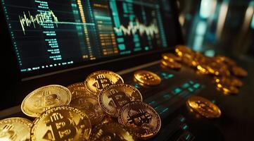 Digital currency exchange with golden coins displayed prominently photo
