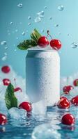 White beer can with fresh mint, cherries and ice on blue background. photo