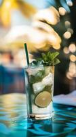 Refreshing Mojito with Mint and Lime Against a Vibrant Background photo