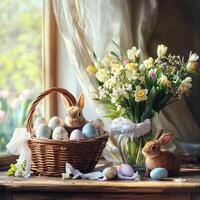 Easter scene with bunnies and decorated eggs photo