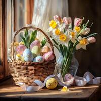 Colorful Easter eggs with fresh flowers arrangement photo