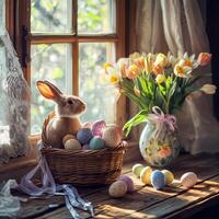 Cute bunny in basket with colorful eggs photo