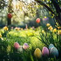Colorful Easter eggs in a vibrant garden photo