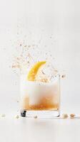 Refreshing drink with lemon and ice splash captured in vibrant motion photo