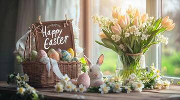 Easter decorations with rabbit and colorful eggs photo