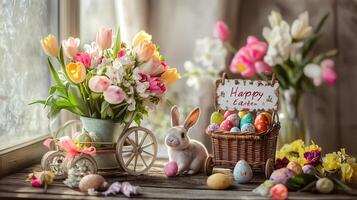 Colorful Easter decorations with flowers and bunny photo