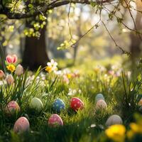 Colorful Easter eggs hidden in vibrant grass photo
