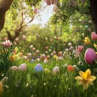 Colorful Easter eggs surrounded by blooming flowers photo