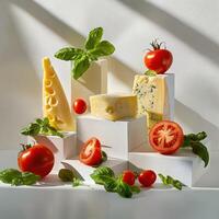 Cheese and tomatoes with fresh basil displayed creatively photo