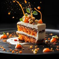 Gourmet carrot cake slice adorned with vibrant toppings photo