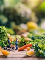 Miniature farmers engage with fresh produce in vibrant environment photo