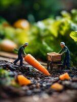 Miniature gardeners harvesting fresh produce from soil photo