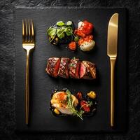 Artfully arranged gourmet food on slate plate photo