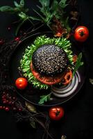 Gourmet Black Burger with Fresh Vegetables and Unique Presentation photo