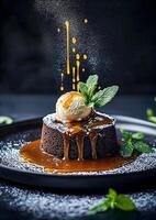 Decadent dessert featuring molten chocolate cake photo