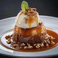 Decadent dessert topped with ice cream photo