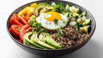 Colorful Quinoa Bowl with Fresh Vegetables and Poached Egg photo