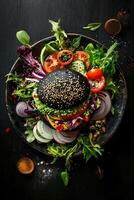 Gourmet Black Burger with Fresh Vegetables and Greens on Rustic Plate photo
