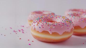 Delicious Pink Frosted Donuts with Sprinkles on a Soft Background photo