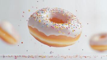 Delicious Sprinkled Donut Floating in a Bright Background photo