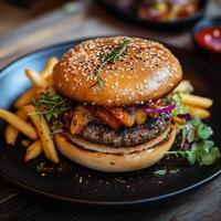 Gourmet Burger with Grilled Vegetables and Fries on a Stylish Plate photo