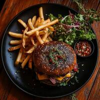 Delicious Burger with Golden Fries and Fresh Salad on a Black Plate photo