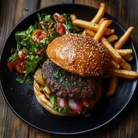 Delicious burger with fresh vegetables and crispy fries on a wooden table photo