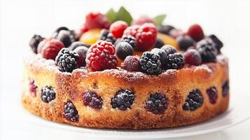 Delicious Fruit-Studded Cake Topped with Fresh Berries and Powdered Sugar photo