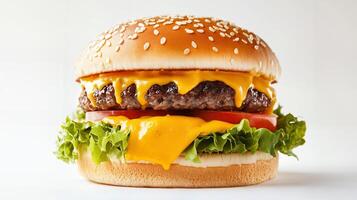 Delicious cheeseburger with fresh ingredients and sesame seed bun photo