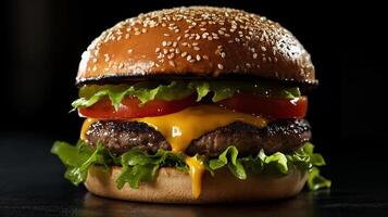 Delicious Cheeseburger with Fresh Ingredients on a Dark Background photo