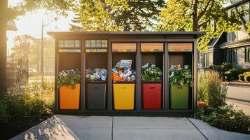 Colorful Recycling Bins Surrounded by Lush Greenery in a Sunset photo