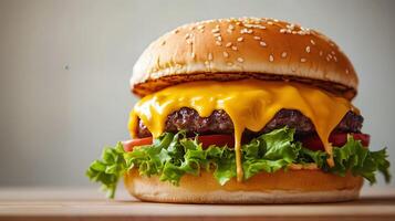 Delicious cheeseburger with dripping melted cheese and fresh toppings photo