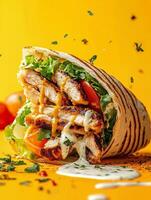 Meat Shawarma. tender grilled meat, fresh veggies, bold spices, garlic sauce, wrapped in flatbread. photo