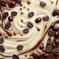 Coffee beans scattered on creamy swirls, rich textures, glossy surfaces, and a luxurious, aromatic design, Coffee beans scattered on creamy swirls, rich textures, glossy surfaces, and a photo