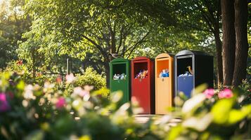Colorful recycling bins in a vibrant green park surrounded by flowers photo