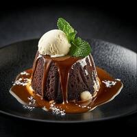 a decadent chocolate lava cake topped with a scoop of vanilla ice cream, drizzled with caramel sauce, garnished with mint leaves, and sprinkled with powdered sugar, served on a black photo
