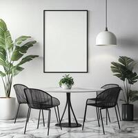 Frame mockup in interior. Cozy office with empty poster frame on white wall and dark table with black chair. Sunset light photo