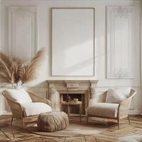 Blank photo frame hanging on beige wall, dry wildflowers. Two chairs and fireplace Banner and mockup for design. Soft sunlight. Classical design
