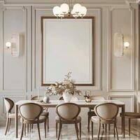Amazing composition with blank mock up poster frame, lights, beige walls and dinning table with chairs. photo