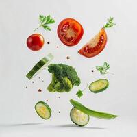 Different fresh vegetables such as broccoli, tomato, cucumber flying in air on white background photo