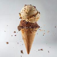 Close-up image of an ice cream cone with a scoop of creamy chocolate ice cream photo